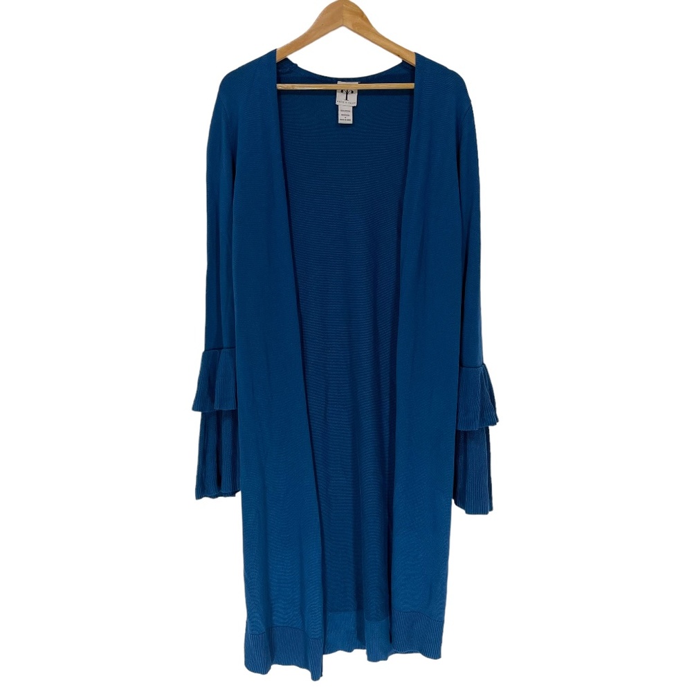 Rain + Rose Women's Open Front Long Knit Cardigan Blue Ribbed Ruffle, Size Small